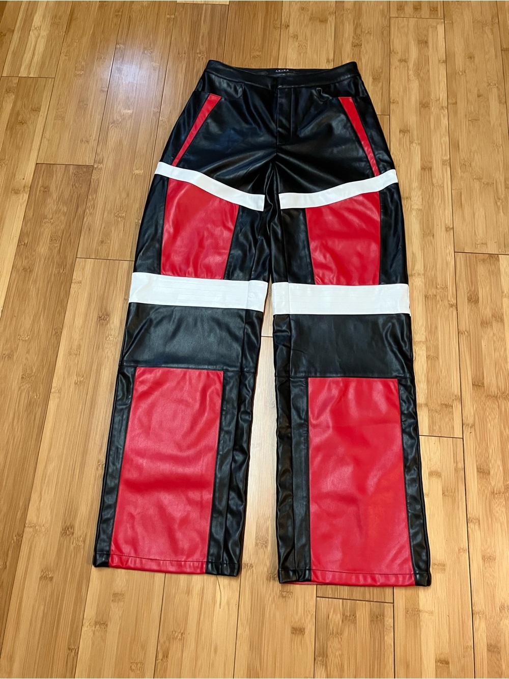 AKIRA Black, Red & White Colorblock Faux Leather Chinos